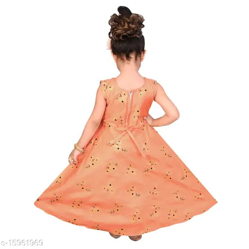 Orange silk blend long gown dress for girls party/festive designer embroidery by Hariyal Creation, sleeveless, size 3-4 years