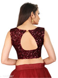Red net ceremonial A-line lehenga with sequined blouse and solid dupatta, semi-stitched (waist size 38in, length 70in, dupatta length 2.2in), from India