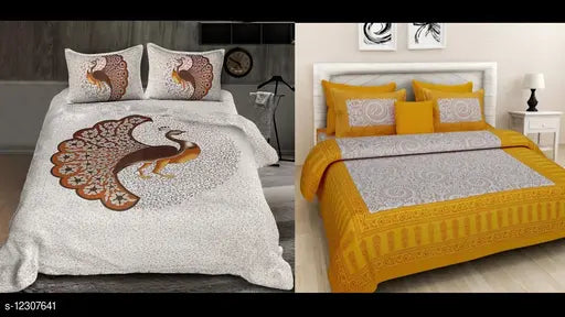 Jaipuri cotton printed double bed sheet combo pack, featuring 2 bedsheets and 4 pillow covers, 160 thread count, queen size from India