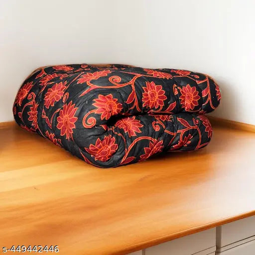 Black red flowers design cotton quilt, ideal for heavy winter use (450 thread count, 7.5 ft x 7.5 ft, single size)