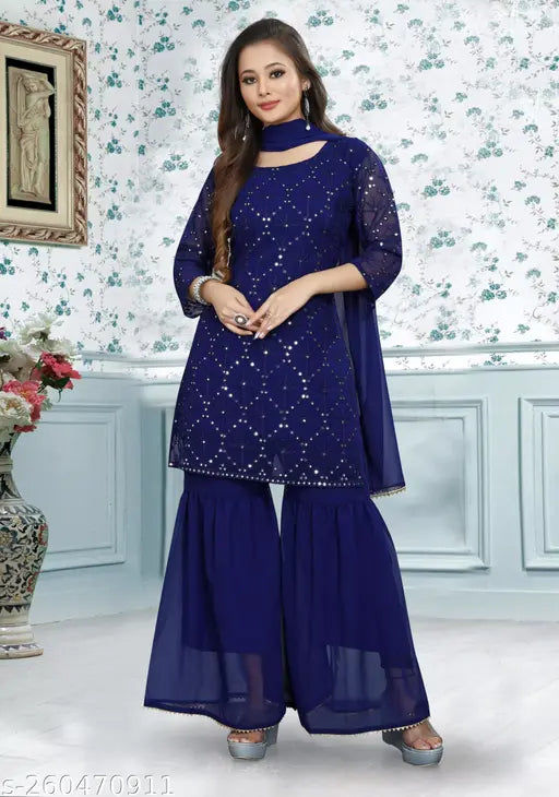 Blue Georgette Kurti Sharara Set with Sequin Embroidery - Traditional Indian Wedding Festival Partywear