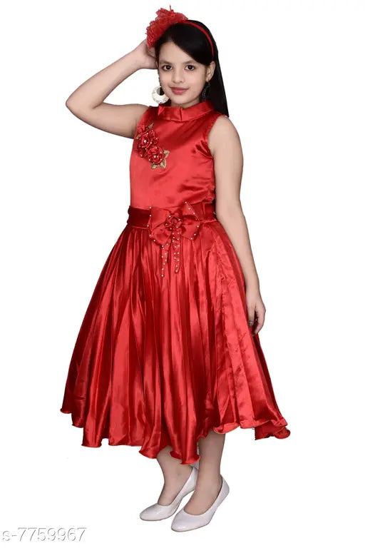 Red satin maxi gown dress for party wear by High Fame Girls, solid pattern, sleeveless, suitable for 3-4 years old child, Indian origin
