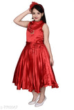 Red satin maxi gown dress for party wear by High Fame Girls, solid pattern, sleeveless, suitable for 3-4 years old child, Indian origin