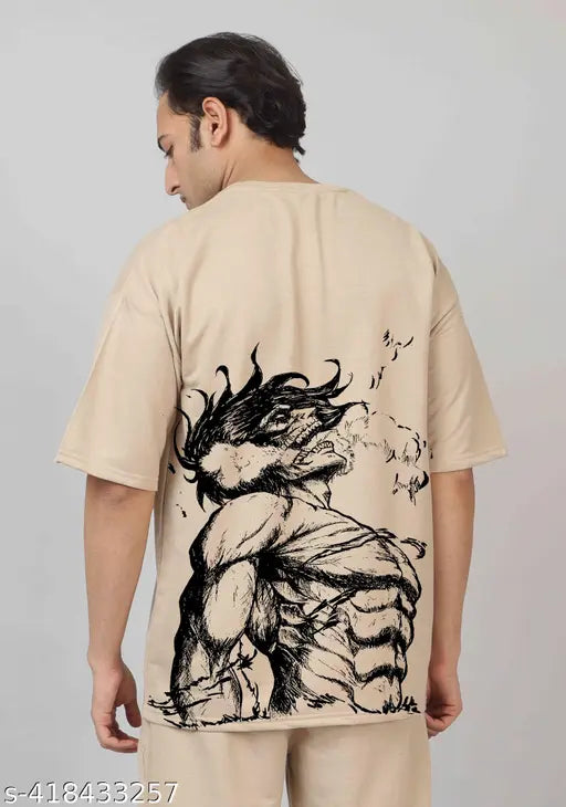 Beige cotton oversized anime printed T-shirt for men, loose fit, comfortable and fashionable