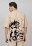 Beige cotton oversized anime printed T-shirt for men, loose fit, comfortable and fashionable