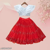 Organza and net embroidered lehenga choli for kids, featuring mirror work, available in sizes 2-3 years to 7-8 years. Indian traditional wear