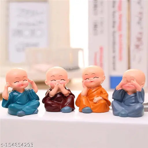 Indian baby monk Buddha figurine set, 4 miniatures for car dashboard or home décor