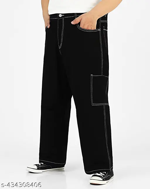 Stylish men's black denim baggy jeans with 6 pockets - Dyed/washed, size 28 (30" waist, 39" length, 38" hip), made in India