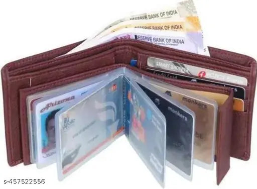 Premium leather bi-fold mens wallet, faux or genuine, solid pattern, 2 compartments, perfect for travel or office