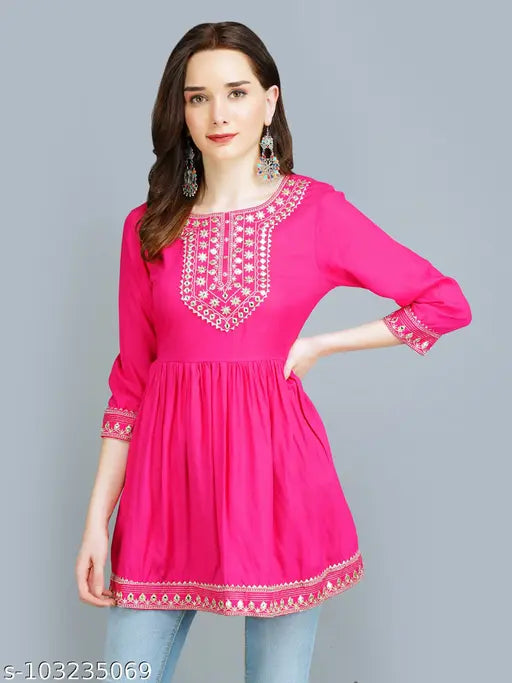 Rayon embroidered top with three-quarter sleeves, popular for parties and festivals, Indian design on women's size S, M, L, XL, XXL