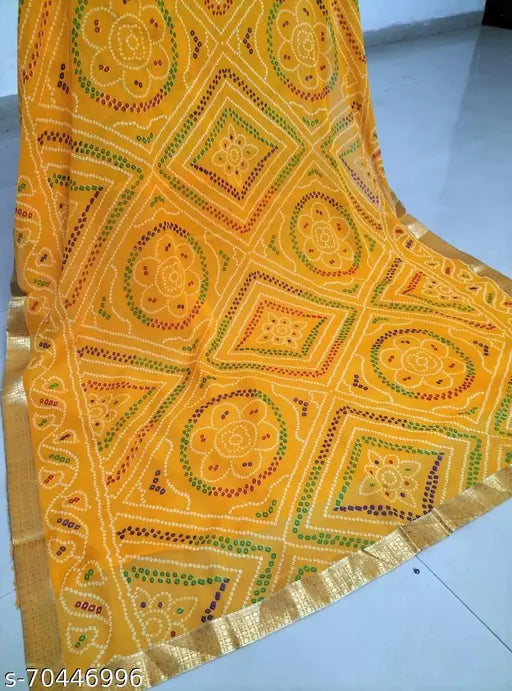 Yellow Georgette saree with beautiful Bandhani print and heavy lace border, single piece, free size, India origin