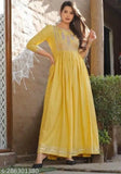 Rayon yellow front gather Naira cut kurtas, three-quarter sleeves, printed style for women & girls (M: 38in bust/46in size length, XL: 42in bust/46in size length)