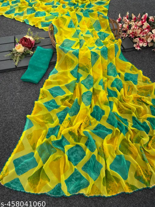 Yellow Georgette saree with rectangle pattern, embroidered net border, suitable for daily wear and occasional occasions, India origin