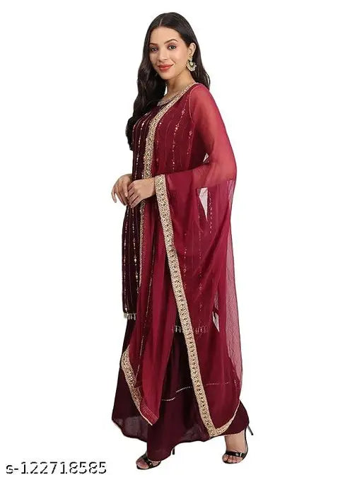 Rayon womens kurti Shararagarara and wine Dupatta Set, embroidered Indian ethnic wear for parties, sleeveless with Sharara bottom, L (Bust 40in, Kurta 44in), XL (Bust 42in, Kurta 44in), XXL (Bust 44in, Kurta 44in)