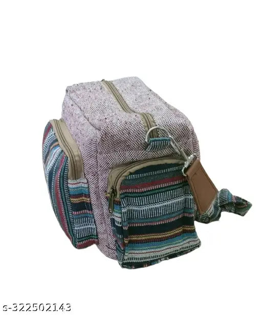 Hemp ladies sling bag for women, checked net design, four compartments, free size (L:12in, W:6in, H:10in), eco-friendly accessory from India