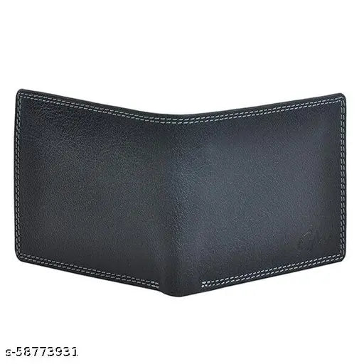 Black leather men's wallet, solid pattern, 2 compartments, free size (L12cm x W8cm), made in India
