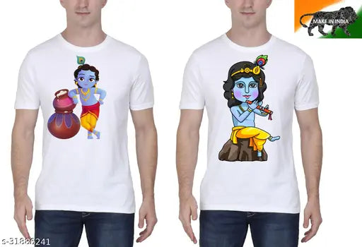 Trendy Krishna print polyester t-shirts for men, boys, women, and girls. Short sleeves, pack of two, origin India
