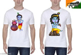 Trendy Krishna print polyester t-shirts for men, boys, women, and girls. Short sleeves, pack of two, origin India