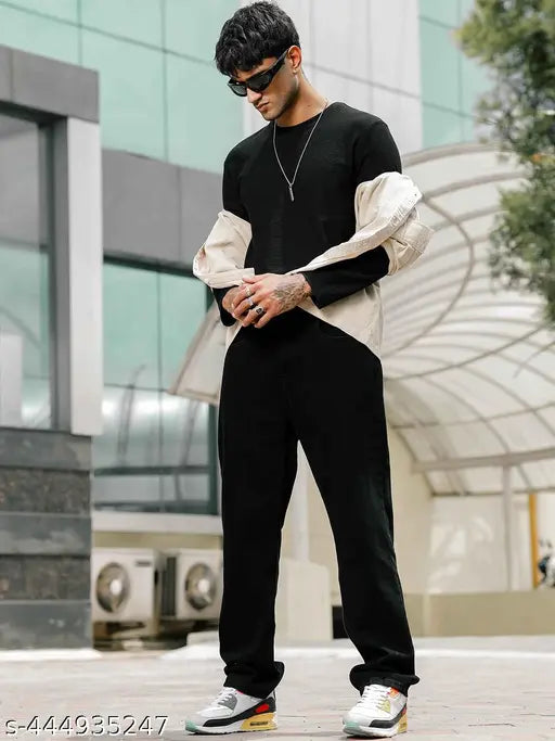 Men's black cotton blend jeans, solid pattern, denim fabric, size 28/30/32/34/36 (waist: 28in, 30in, 32in, hip: 38in, 40in, 42in, length: 38in, 39in, 40in), made in India