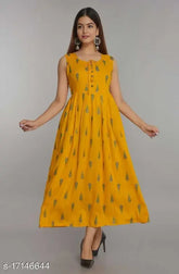 Women's rayon flared printed mustard kurti, sleeveless, vibrant Indian fashion on hanger