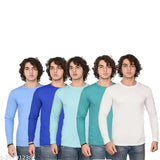 Stylish solid polyester long-sleeve T-shirt set for men and boys, available in white, seagreen, sky, teal, and blue