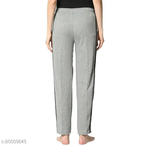 Grey cotton-blend solid straight-fit trousers for women, ideal for everyday wear