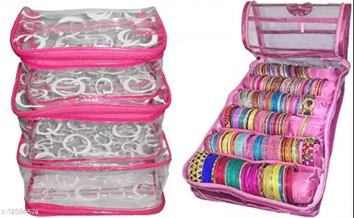 Solid pink fabric satin bangle churi kit, includes 6 rolls and a matching cosmetic bag from Little One, Indian-origin