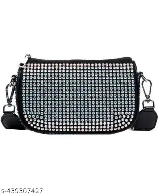 Blue PU rhinestone sling bag with pouch, 2 compartments, embellished net design, adjustable strap. High-quality imported accessory from China" (106 characters)