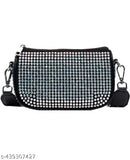 Blue PU rhinestone sling bag with pouch, 2 compartments, embellished net design, adjustable strap. High-quality imported accessory from China" (106 characters)