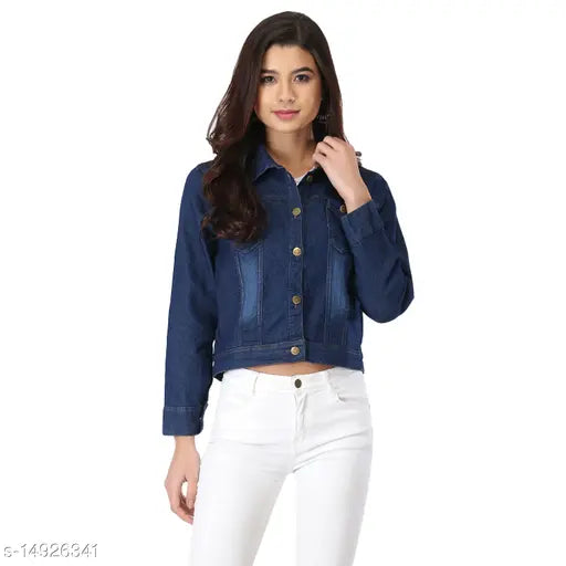 Denim jacket, women's long-sleeved, dyed/washed denim, size S (35in bust, 18in length), made in India