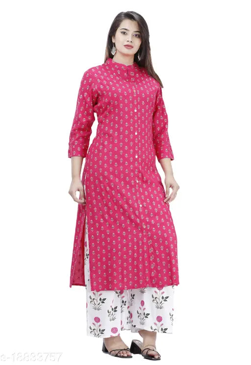 Trendy petite women's rayon kurta set with palazzos, three-quarter sleeves, printed net pattern, single size S-XXXL (Indian origin)