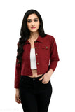 Maroon fancy cotton blend jacket for women, solid three-quarter sleeve fashion piece on display stand