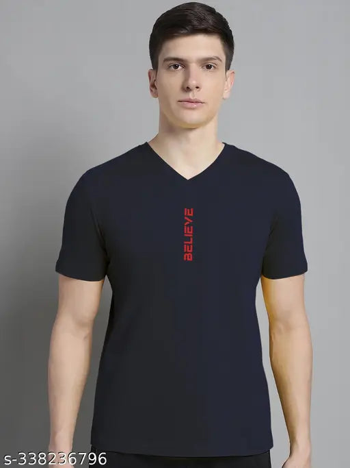 Navy blue, cotton V-neck men's half-sleeve t-shirt for regular fit, India origin