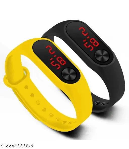Yellow Multi-Colour Kids Digital Sports Watch, water-resistant, cartoon character LED touch screen, skin-friendly silicon strap