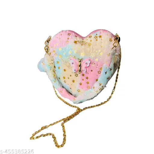Heart-shaped fur mini sling bag for kids, soft multicolor fabric with detachable golden chain