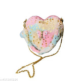 Heart-shaped fur mini sling bag for kids, soft multicolor fabric with detachable golden chain