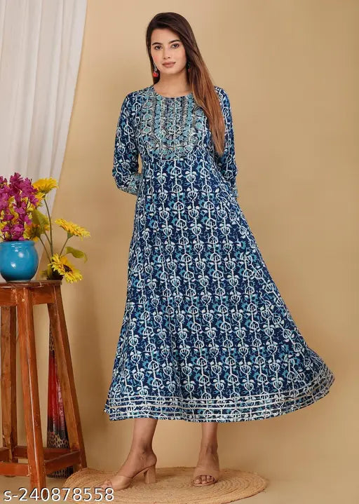 Blue Rayon embroidered printed Anarkali gown for women, trendy and versatile for parties, weddings, office, or casual wear