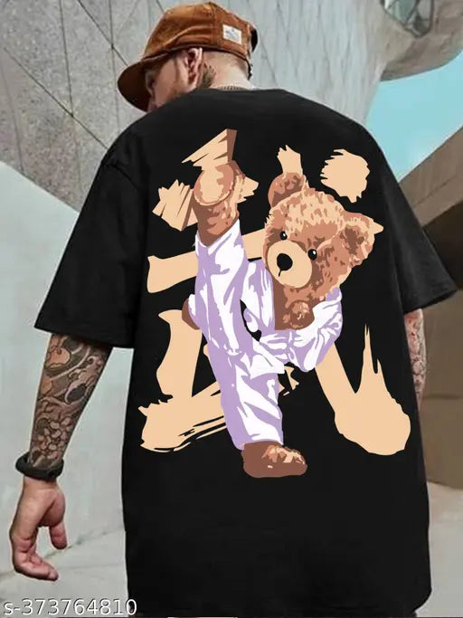 Black cotton blend men's oversized fit printed t-shirt with round neck and half sleeves, featuring a sandal print design