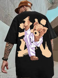 Black cotton blend men's oversized fit printed t-shirt with round neck and half sleeves, featuring a sandal print design