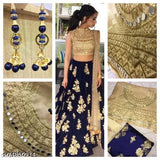 Embroidered Art Silk semi-stitched Lehenga Choli with Taffeta Silk bottom and Net Dupatta, featuring lace patterns. Free size (Lehenga waist 44in, length 42in; Dupatta length 2m)