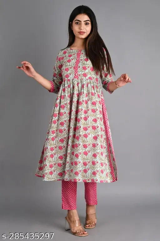 Rayon printed kurti and pant set, three-quarter sleeves, Indian ethnic wear for women
