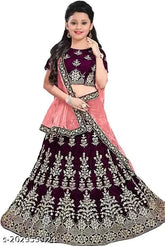 Tiktok satin lehenga-choli, embroidered and net dupatta for girls aged 2-15 years, versatile for functions, parties, and weddings. Available in various colors, made in India