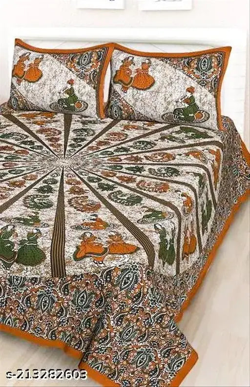 160 TC 100% cotton double bed sheets, ethnic motifs in superfine quality, includes 2 pillow covers - premium Indian collection