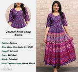 Women's printed cotton long Anarkali kurti, three-quarter sleeves, vibrant Indian fashion