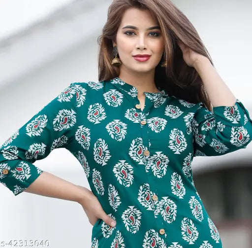 Green rayon printed kurta & palazzo set for women, one side pocket, trendy fashionable attire from Vastranni