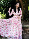 Pink georgette gown with dupatta, long sleeves and printed pattern on display