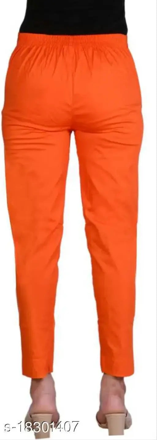 Orange cotton lycra regular-slim fit women's casual trousers, popular summer wear from India