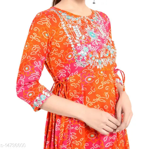 SS SANGANERI printed rayon kurti, three-quarter sleeves, vibrant Indian fashion