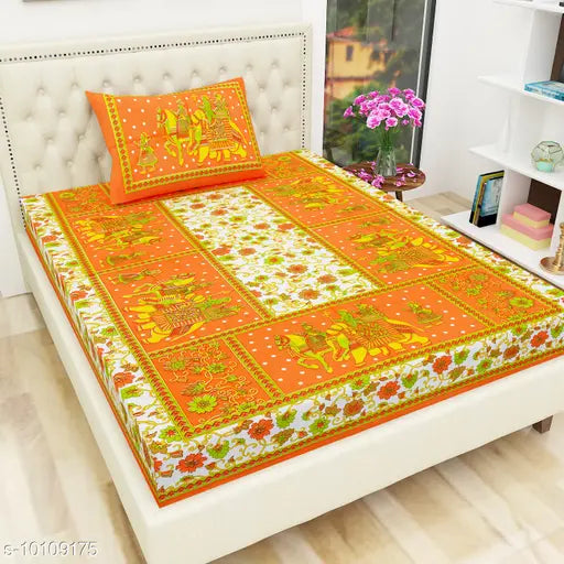 Cotton flat sheets with R dandiya and orange gangaur botanical print, ideal for adult summer use, pack of 2 from India