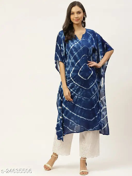 Blue Rayon Crepe Loose Fit Kaftan Kurtis, tie-dye pattern on soft rayon fabric, length 44 inches, no color bleeding guaranteed